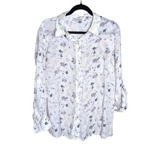 Blousology Sz 1X White Floral Button Front Blouse Cottagecore Romantic Sheer
